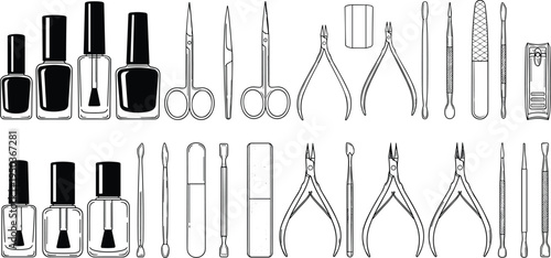 Black and white manicure pedicure tools illustration featuring nail polish bottles, scissors, clippers, files, buffers, nippers, professional nail care
