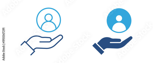 Customer support icon set. Hand holding user profile icon, client service, assistance and account management concept. Vector illustration.