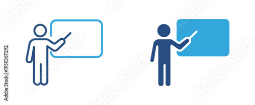 Teacher presentation icon set. Instructor pointing at board icon, education, training and classroom teaching concept. Vector illustration.