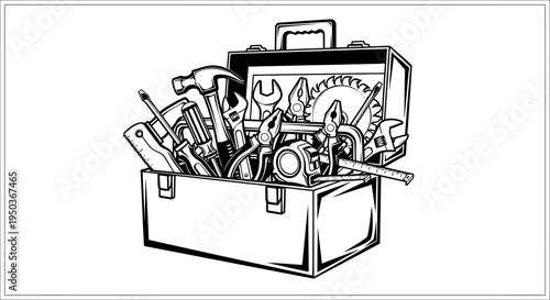 Open toolbox filled with various hand tools and equipment.