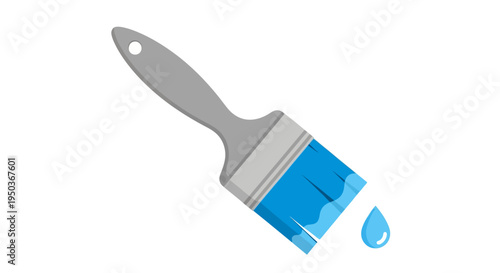 Paintbrush with blue paint dripping from bristles.