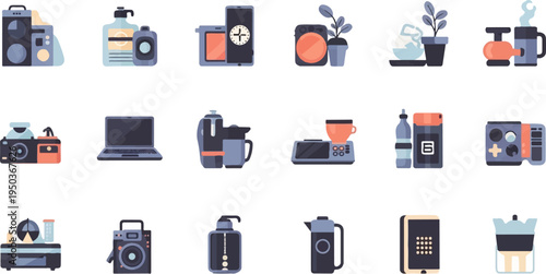 Assorted small flat design icons of electronics, kitchen appliances, and home decor