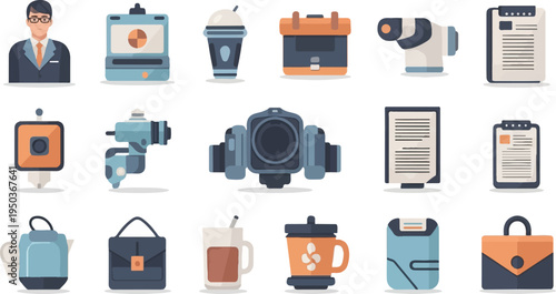 Business icons man, camera, coffee, calendar, documents, bags