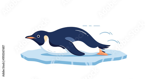 Penguin sliding on ice floe cartoon illustration.
