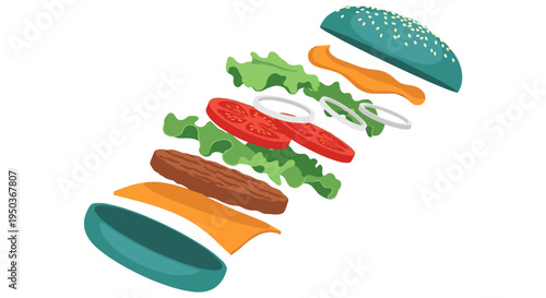 A vibrant, deconstructed burger with a unique blue bun and various fresh ingredients, perfect for modern food illustration and graphic design projects.