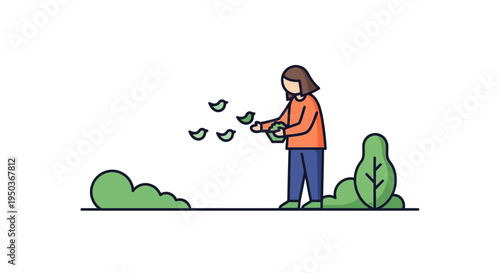 Person feeding birds in a park with green bushes.