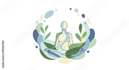 Person meditating in a serene natural environment surrounded by leaves and water elements.