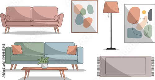 Cozy living room elements two sofas, coffee table, rug, floor lamp, and art