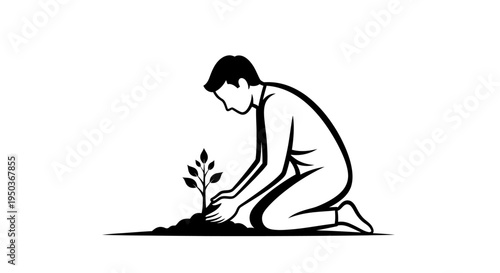 Person planting a small tree seedling in soil.