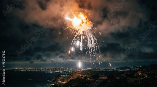 Fireworks display celebrating new year coastal city nighttime spectacle vibrant atmosphere aerial view festive spirit