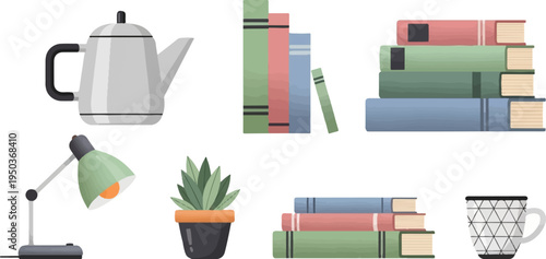 Still life objects kettle, books, lamp, plant, mug