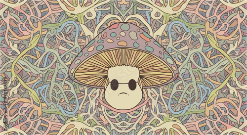 A whimsical cartoon mushroom character with a grumpy expression and sunglasses, set against a vibrant, intricate psychedelic pattern.