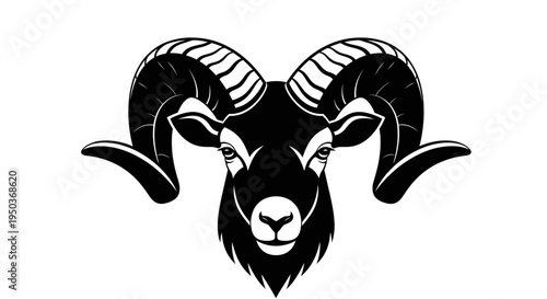 Ram head with large curved horns silhouette illustration.