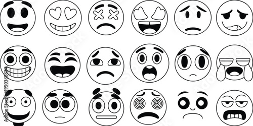 Black and white line art emoji faces set, cartoon expressions emotions, smiley icons collection, minimal outline characters, vector style illustration