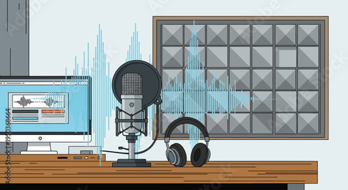 Professional podcast recording studio setup with microphone and computer.