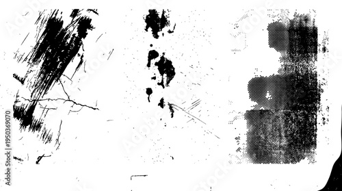 Grunge overlay vector grainy letterpress textures. Imprint texture grungy set. Rolled ink pressed texture. Screen print clean overlay pattern .Fine dust pattern texture. Distressed mask overlay.
