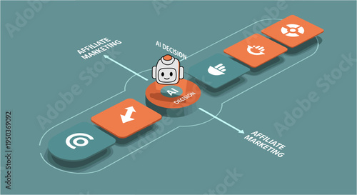 An AI bot makes strategic decisions in a complex affiliate marketing process, illustrating modern digital business and technological advancements.