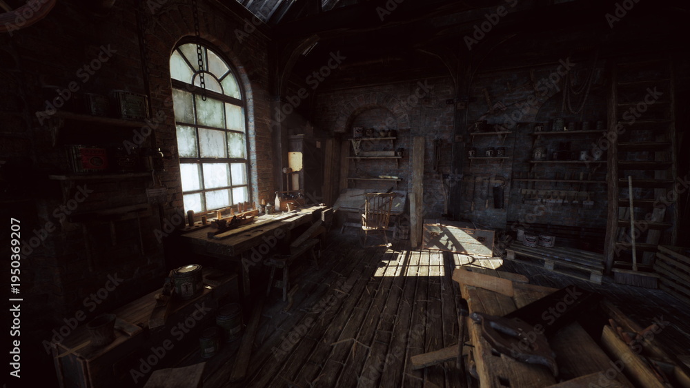 Obraz premium sunlit rustic woodshop with dusty floor and arched window casting patterned light across worn bench, scattered planks and hand tools, ladder leaning