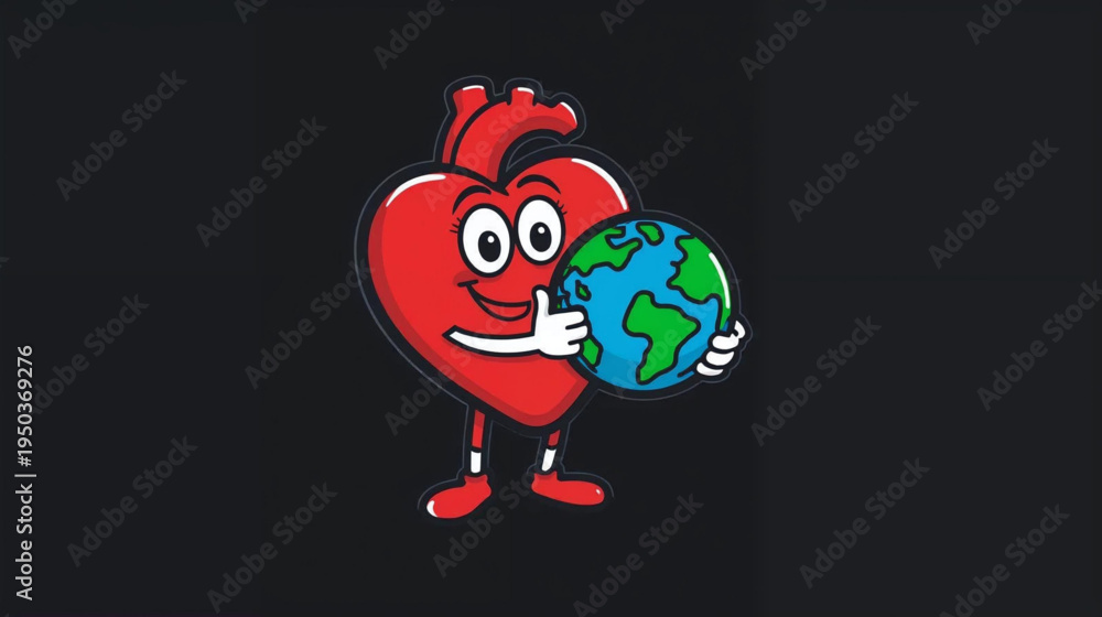 Fototapeta premium vector of a cartoon heart character , hugging a globe of planet Earth on balck background