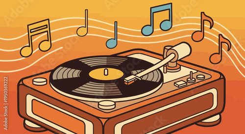 Retro vinyl record player with musical notes floating above it.