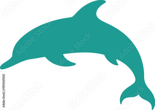 Teal silhouette of a playful dolphin leaping gracefully out of the.