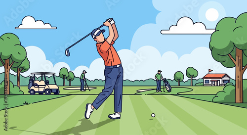 Golfer swings club on green course, golf cart, sunny day, sports lifestyle