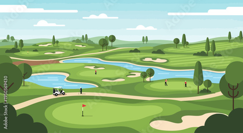 Golf Course Landscape with Green Hills, Water Hazards, and Golfers Playing