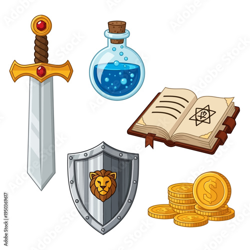 Fantasy Game Items: Sword, Shield, Potion, Book, Gold Coins