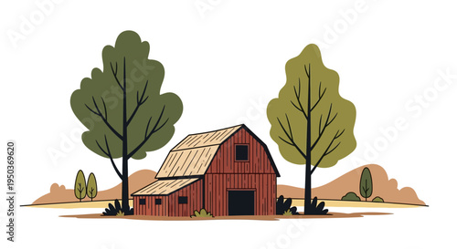 Rustic Red Barn with Two Tall Trees in a Rural Landscape.