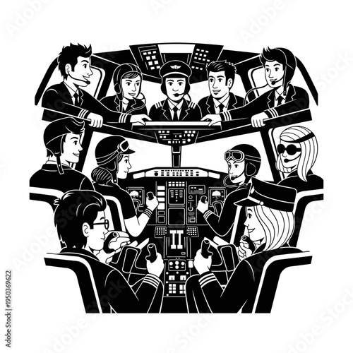 Diverse Pilots in Airplane Cockpit, Professional Aviation Team Working Together