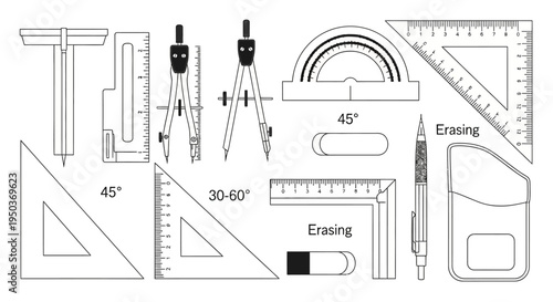 Drafting Tools Set: Compass, Rulers, Triangles, Protractor, Erasers