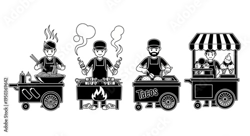 Diverse Food Carts: Street Food Vendors Serving Tacos, Noodles, and Ice Cream