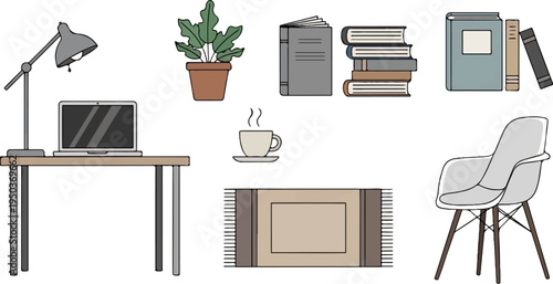 A minimalist illustration of a workspace setup with a desk, laptop, lamp, books, plant, coffee, and chair