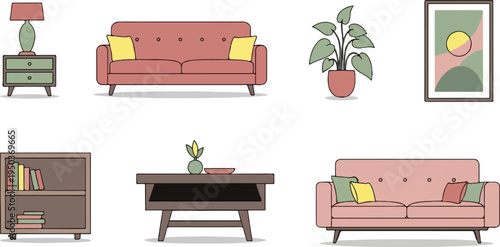 Minimalist interior scene with two sofas, a bookshelf, and a potted plant