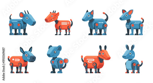 Cute Robot Animals Collection: Dogs, Horses, Goats, and Cats in Blue and Orange