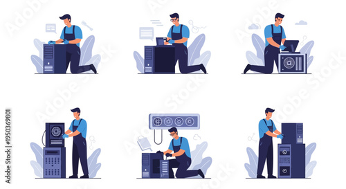 Computer Repair Technician Assembling and Fixing Desktop PCs and Servers