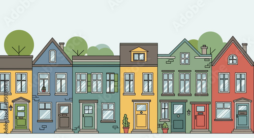 Colorful Row Houses Facade, Urban Street Scene, Residential Buildings Exterior
