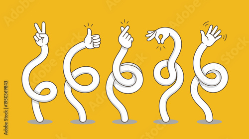 Playful illustration of five abstract hands emerging from holes, each making different gestures on a bright yellow background. The design conveys creativity and movement.