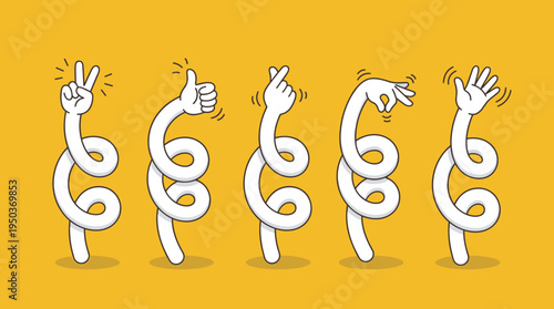 Playful illustration of five abstract hands emerging from holes, each making different gestures on a bright yellow background. The design conveys creativity and movement.