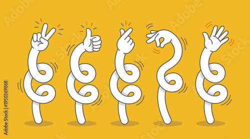 Playful illustration of five abstract hands emerging from holes, each making different gestures on a bright yellow background. The design conveys creativity and movement.