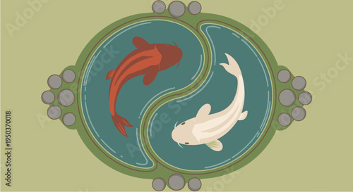Stylized graphic illustration depicting two koi fish, one red and one white, swimming in a yin and yang formation within an ornate pond design, symbolizing balance and harmony.