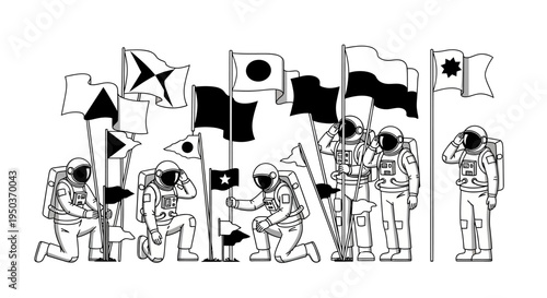 Astronauts planting flags on an alien planet, space exploration, discovery, and achievement