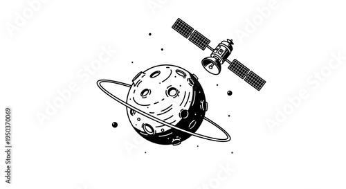 Satellite orbits a ringed planet in outer space illustration.