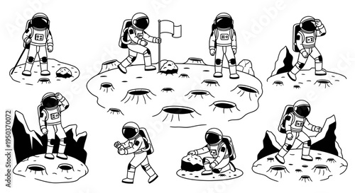 Astronauts on the Moon: Set of Illustrations Showing Space Exploration and Activities