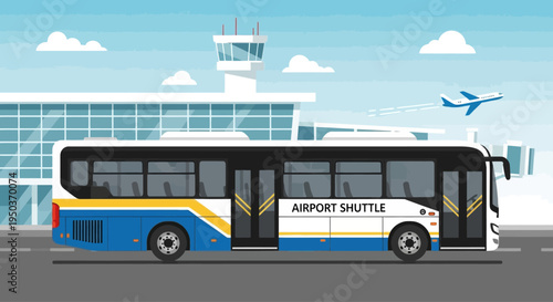 Airport shuttle bus at terminal with airplane taking off, modern transport concept