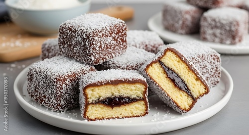 Square Shaped Lamingtons on White Plate