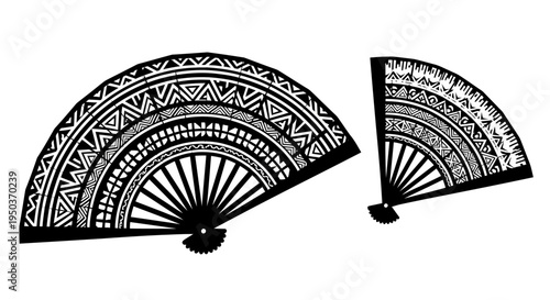 Tribal Pattern Folding Fans - Black and White Illustration
