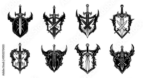 Set of 8 Gothic Sword and Shield Emblems, Heraldic Crests, Medieval Warrior Icons
