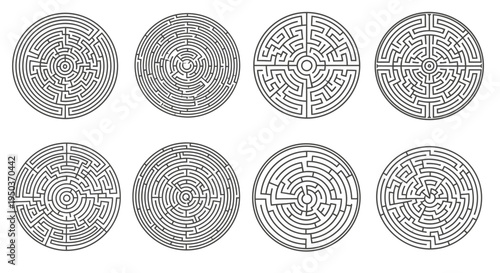 Set of 8 Circular Mazes, Labyrinths, Geometric Patterns, Vector Graphics