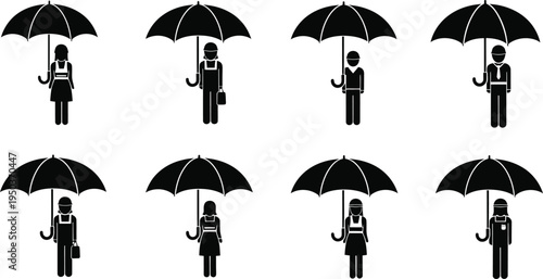 Eight black and white illustrations of people holding umbrellas in various poses and orientations